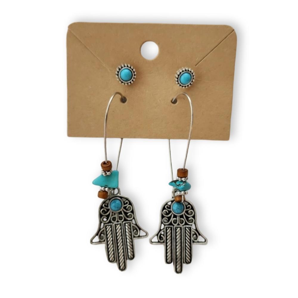 Beaded Silver Hamsa Hand Earrings - image 1